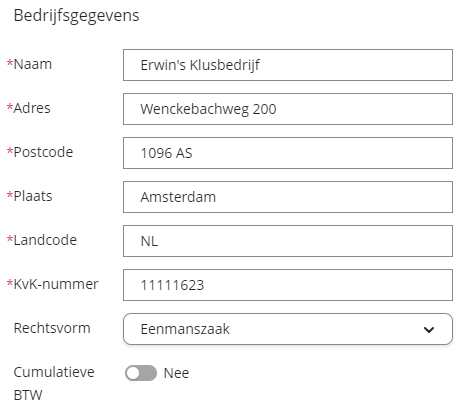 Bedrijfsinstellingen zijn uitgebreid met de velden Rechtsvorm en Cumulatieve BTW.